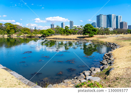 [Tokyo] The tidal pond at Hamarikyu Gardens under a refreshing blue sky 130009377
