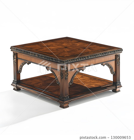 Wooden table with a carved top and a shelf underneath Wooden table with a carved top and a shelf underneath 130009653