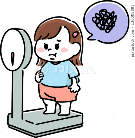 A girl weighing herself and worrying about her obesity A girl weighing herself and worrying about her obesity 130009893