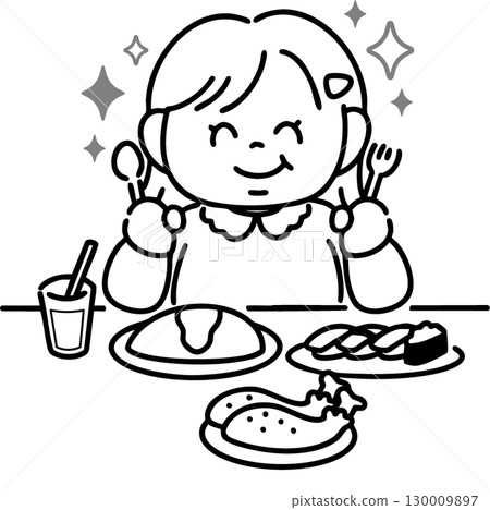 肥胖女孩對豪華大餐感到高興（線條畫） 130009897