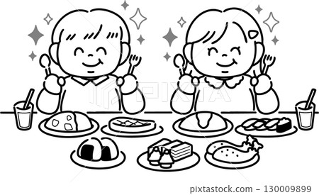 Obese boy and girl (line drawing) delighted with a luxurious meal 130009899