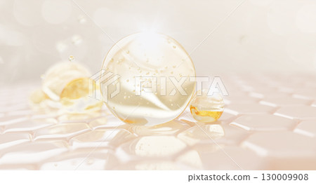 3d gold liquid gel cream bubbles on epidermis skin layer with hexagon cell pattern. Cosmetic care drops of serum, argan oil or honey mask. Collagen essence, hyaluronic acid, enzymes. 3D illustration 130009908