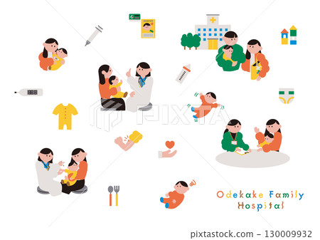 Illustration set of baby and family receiving vaccination 130009932