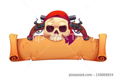 Cartoon Caribbean pirates game icon of corsair skull with guns, vector heraldry banner. Skeleton skull in pirate bandana hat with crossed muskets or pistol guns on parchment scroll for corsair game Cartoon Caribbean pirates game icon of corsair skull with guns, vector heraldry banner. Skeleton skull in pirate bandana hat with crossed muskets or pistol guns on parchment scroll for corsair game 130009934