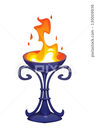 Cartoon chalice with a flame. Isolated vector ancient Egypt game icon, Egyptian treasure asset. Cup symbolizing ritual, magic and spirituality. Ornate goblet with an eternal fire burning brightly 130009936