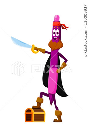 Cartoon pen education school stationery pirate and corsair crew character defending treasure chest. Isolated vector writing tool whimsical bearded swashbuckler captain personage with saber and loot Cartoon pen education school stationery pirate and corsair crew character defending treasure chest. Isolated vector writing tool whimsical bearded swashbuckler captain personage with saber and loot 130009937
