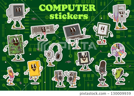 Cartoon groovy computer device characters stickers pack. Vector set of pc hardware and accessories on a circuit board background. Y2k retro laptop, keyboard, monitor, mouse, usb, speakers, floppy disk 130009939