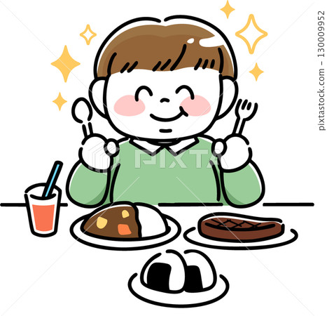 Obese boy delighted with luxurious meal 130009952