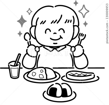 Obese boy delighted with a luxurious meal (line drawing) 130009953