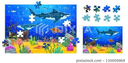 Jigsaw puzzle game pieces background, underwater landscape with animals and seaweeds. Cartoon vector educational riddle worksheet for preschool children with funny seal, shark, turtle in the ocean 130009969