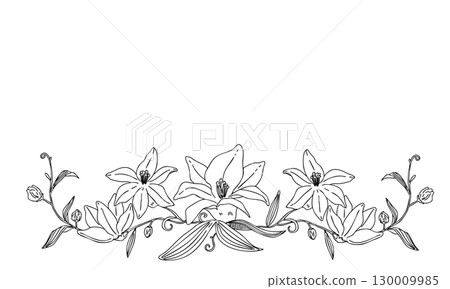 Stylish frame/label design with hand-drawn line drawings of lily flowers, monochrome, simple Stylish frame/label design with hand-drawn line drawings of lily flowers, monochrome, simple 130009985