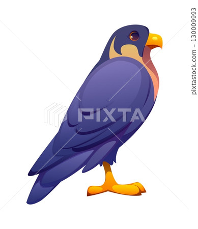 Cartoon falcon bird standing confidently with a sharp beak and watchful eyes. Vector Egypt game icon, ancient Egyptian symbol for mythology, falconry, guardian figures or ancient civilization themes 130009993