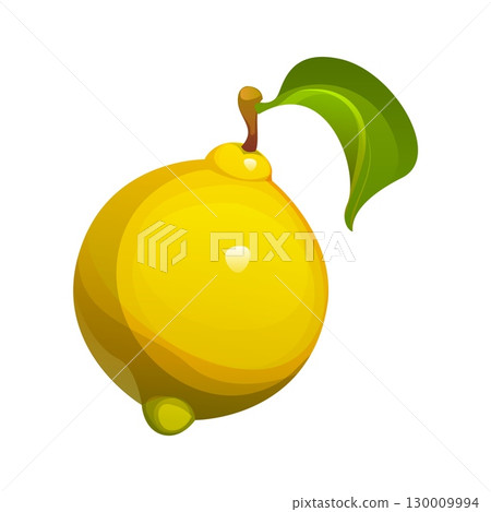 Cartoon raw ripe lemon fruit, fresh whole vector citrus plant with glossy surface, green leaf, short brown stem. Isolated juicy natural healthy orchard fruit. Organic garden product with yellow peel 130009994