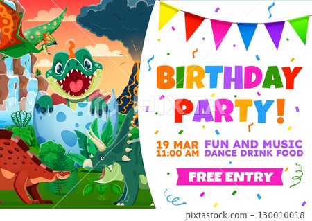 Kids party flyer invitation with funny prehistoric dinosaurs at Jurassic era landscape. Vector birthday holiday poster with cute cartoon dino reptiles welcoming children to festive event celebration 130010018