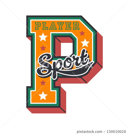 Varsity sport patch and players team label or college league badge, vector emblem. Varsity patch of letter P with stars for college or university soccer football, basketball and baseball sport club 130010028
