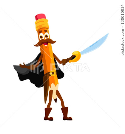 Cartoon pencil education school stationery pirate and corsair crew character with saber in hand. Isolated vector adventurous captain writing tool personage creating artful mischief in the high seas Cartoon pencil education school stationery pirate and corsair crew character with saber in hand. Isolated vector adventurous captain writing tool personage creating artful mischief in the high seas 130010034
