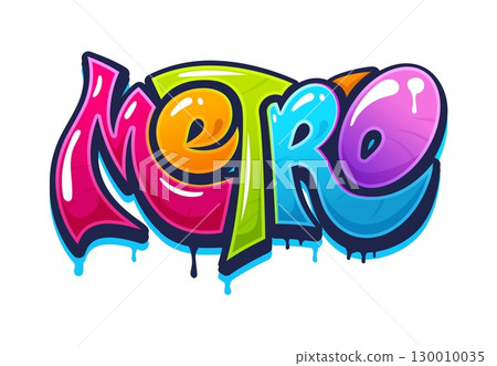 Urban street art graffiti cool artwork of Metro word in vector paint spray writing. Metro graffiti text on wall or urban and street art doodle font with color letters artwork and liquid paint drips Urban street art graffiti cool artwork of Metro word in vector paint spray writing. Metro graffiti text on wall or urban and street art doodle font with color letters artwork and liquid paint drips 130010035