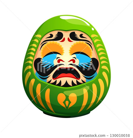 Japanese daruma doll funny face mask of Japan culture or Bodhidharma, cartoon vector. Green daruma doll with whining or crying emotion face, symbol of health, wellbeing and vigour in Japanese art 130010038