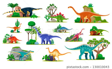 Cartoon dinosaurs and prehistoric Jurassic lizards in forest trees, vector dino characters. Prehistoric period funny dinosaurs collection for kids of deinocheirus, pelecanimimus and styracosaurus Cartoon dinosaurs and prehistoric Jurassic lizards in forest trees, vector dino characters. Prehistoric period funny dinosaurs collection for kids of deinocheirus, pelecanimimus and styracosaurus 130010043