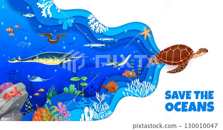 Save the oceans paper cut banner with sea animals and underwater landscape. Cartoon vector promotion of the ocean conservation, featuring sea turtle, narwhal, rays, clownfish, eel and coral reefs Save the oceans paper cut banner with sea animals and underwater landscape. Cartoon vector promotion of the ocean conservation, featuring sea turtle, narwhal, rays, clownfish, eel and coral reefs 130010047