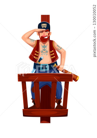 Cartoon pirate and corsair ship crew watchman character stands in crow nest, scanning the horizon with hand over his eyes and telescope in the other. Isolated vector bearded maritime lookout personage Cartoon pirate and corsair ship crew watchman character stands in crow nest, scanning the horizon with hand over his eyes and telescope in the other. Isolated vector bearded maritime lookout personage 130010052