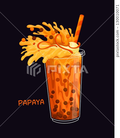Cartoon milk bubble tea glass with bright splashes and fruits of papaya flavor, vector dessert drink. Milk bubble tea cup with drinking straw and splash of papaya fruit juice for sweet drink menu Cartoon milk bubble tea glass with bright splashes and fruits of papaya flavor, vector dessert drink. Milk bubble tea cup with drinking straw and splash of papaya fruit juice for sweet drink menu 130010071