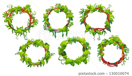 Tropical jungle forest liana vine round frames of branches with green leaves, vector plants. Tropical rainforest liana circle frames of twisted monstera leaf with vine twigs or tendrils of ivy sprouts Tropical jungle forest liana vine round frames of branches with green leaves, vector plants. Tropical rainforest liana circle frames of twisted monstera leaf with vine twigs or tendrils of ivy sprouts 130010074