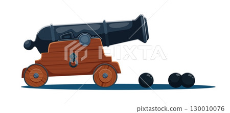 Cartoon pirate cannon weapon with a black metal barrel mounted on a wooden wheeled carriage, accompanied by cannonballs. Vector vintage artillery gun for adventure, historical battle or naval games 130010076