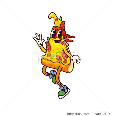 Cartoon groovy pizza slice pirate fast food character. Vector corsair retro personage for fastfood menu. Funky hippie freebooter wears red bandana and waving hand. Funny filibuster pizza tasty snack 130010103