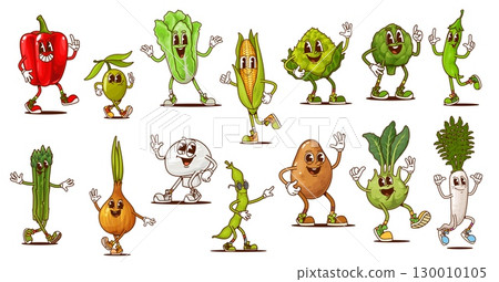 Cartoon groovy vegetable and bean characters, cute hippie vegetarian food. Psychedelic groovy onion, pepper, radish, olive and mushroom vector personages. Funny corn, asparagus and cabbage vegetables Cartoon groovy vegetable and bean characters, cute hippie vegetarian food. Psychedelic groovy onion, pepper, radish, olive and mushroom vector personages. Funny corn, asparagus and cabbage vegetables 130010105