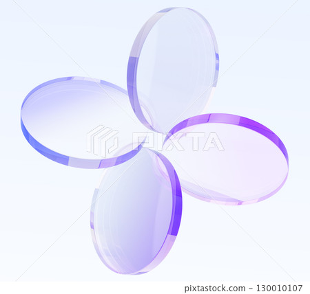 Abstract flower with petals of glass holographic round discs. Iridescent geometric figure of transparent circular disks. Crystal plate shapes with purple gradient on light blue bg. 3D illustration 130010107