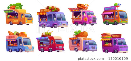 Cartoon street food truck, vintage festival foodtruck vans offering salads, hot meals, Thai food, cocktails, smoothies, tapas, chicken, sandwiches, showcasing street food cuisines and take out snacks 130010109