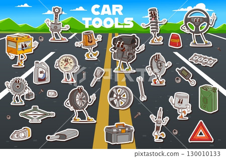 Groovy car spare parts characters stickers pack. Playful cartoon vector patches set of y2k car tools and auto parts like engine, battery, oil, tire and wrench with smiling faces on a road background 130010133