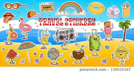 Cartoon groovy travel and leisure characters stickers pack. Vector beach and summer vacation retro patches. Y2k fruits, drinks, suitcase, popsicle, coconut, banana and flamingo, watermelon, disco ball 130010167