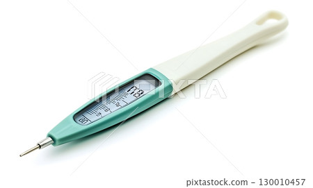 A digital thermometer with a green and white handle 130010457