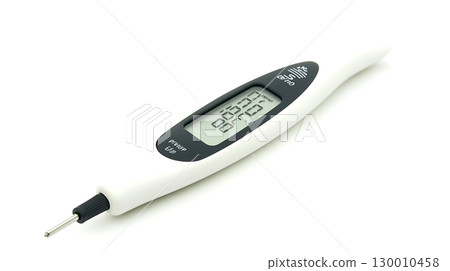 A digital thermometer with a white handle and black face 130010458