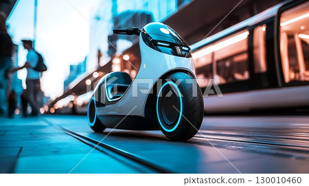 A white electric scooter is parked on a sidewalk next to a train 130010460