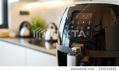 A black electric oven with a digital screen on the front A black electric oven with a digital screen on the front 130010489