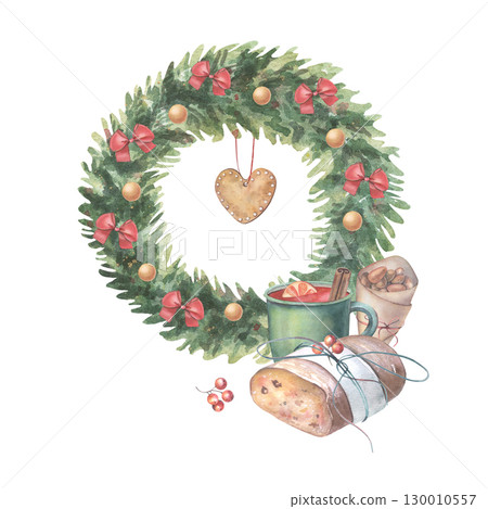 Fir wreath, cookie, stollen, mulled wine, caramel almonds. Hand-painted watercolor illustration of decor, desserts isolated on white for holiday cards, invitations, branding, packaging, holiday design Fir wreath, cookie, stollen, mulled wine, caramel almonds. Hand-painted watercolor illustration of decor, desserts isolated on white for holiday cards, invitations, branding, packaging, holiday design 130010557
