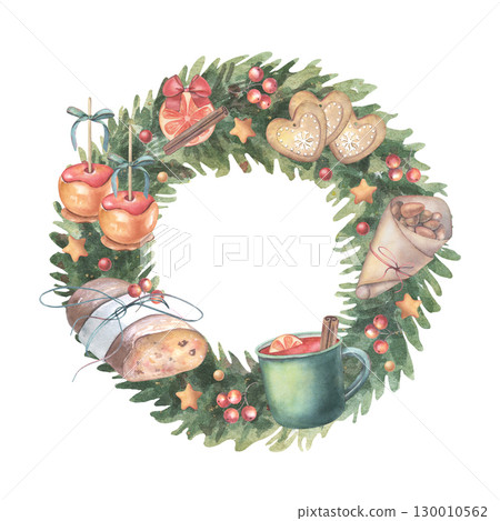 Fir wreath decorated with Christmas traditional food and drink including stollen, mulled wine. Hand-painted watercolor illustration isolated on white for holiday cards, invitations, branding, design 130010562