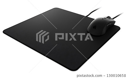 A black mouse pad with a black computer mouse on it 130010658