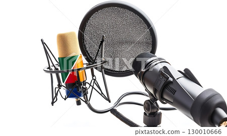 A microphone and a microphone stand are shown on a white background 130010666