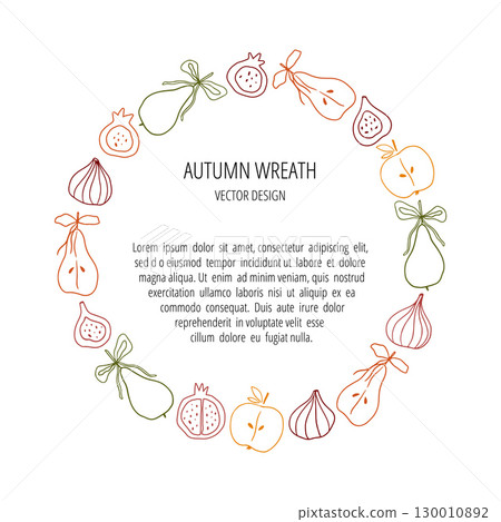 Hand drawn line art whimsical autumn wreath 130010892