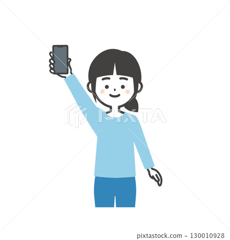 Illustration of a smiling girl holding a smartphone 130010928