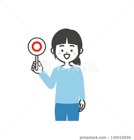 Illustration of a smiling girl holding a correct answer card 130010936