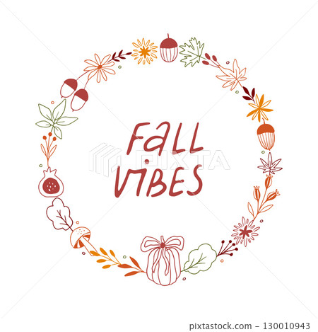Hand drawn fall wreath with leaves, acorn, pumpkin Hand drawn fall wreath with leaves, acorn, pumpkin 130010943