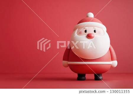 Cute 3D illustration of a cheerful Santa Claus character standing against a vibrant red background, perfect for holiday-themed designs and decorations 130011355