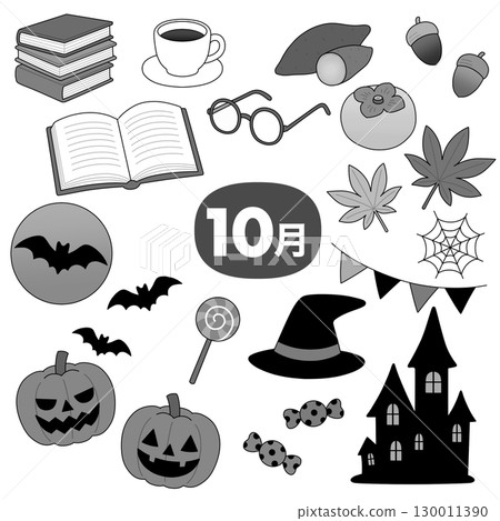 A monochrome illustration set featuring October events and autumn 130011390