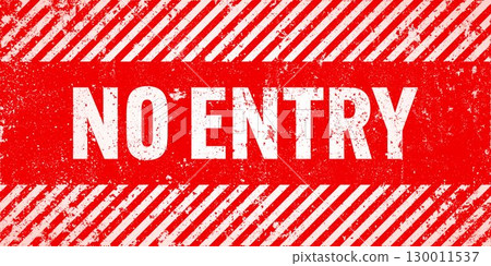 Warning sign with red and white diagonal lines. Attention, danger or caution symbol. Construction site signage, road safety notice, hazard banner, security alert shield. Vector illustration 130011537