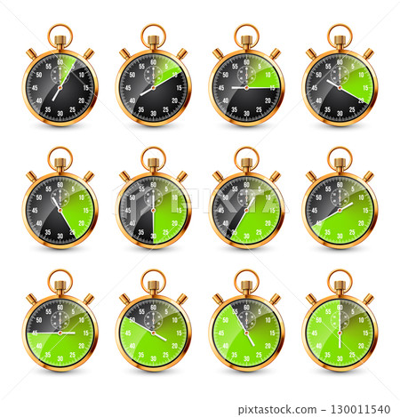 Realistic classic stopwatch. Shiny golden metal chronometer, time counter with dial. Green countdown timer showing minutes and seconds. Time measurement for sport, start, finish. Vector illustration 130011540